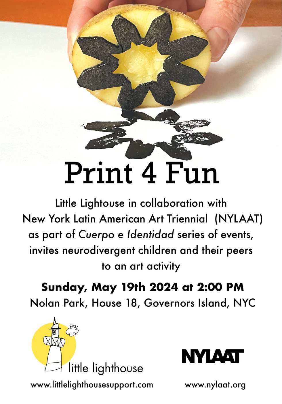Print 4 Fun flyer — Little Lighthouse with the New York Latin American Art Triennial, Governors Island, May 2024